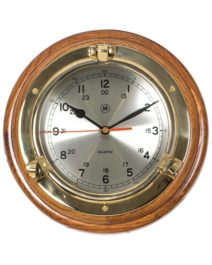 Porthole Quartz Clock on Oak Wood - Gold, Brass