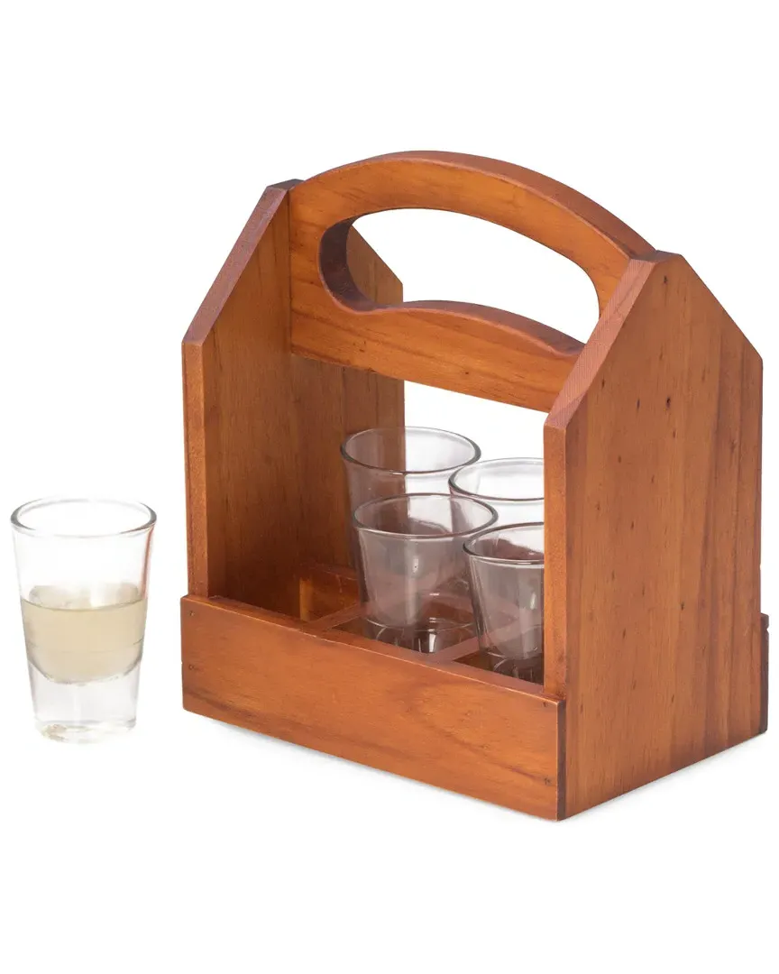 Six Shot Glass Caddy - Brown, Wood image