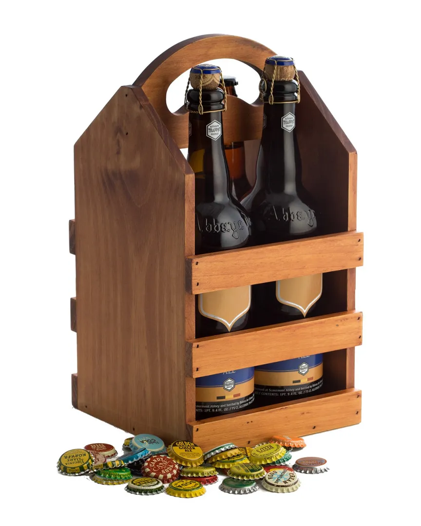 Solid Wood Four Bottle Caddy with Handle - Brown image