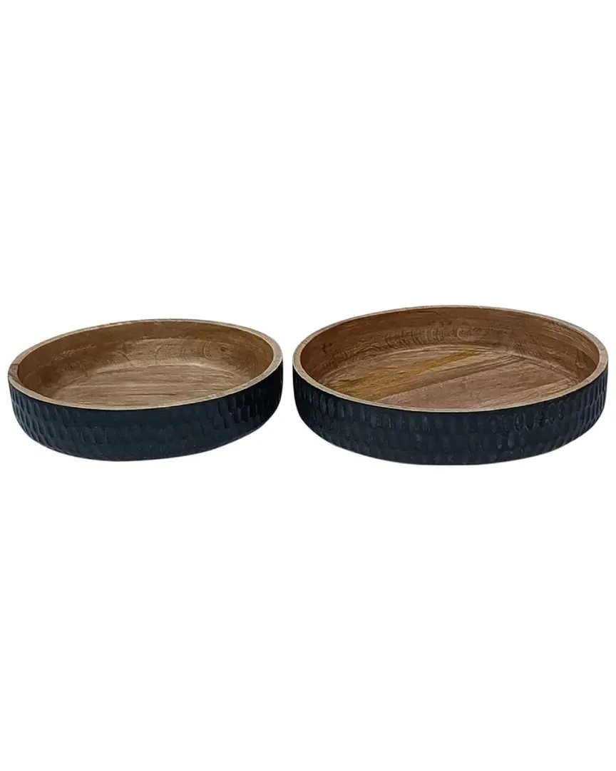 Set of 2 Carved Bowls with Base - Black & Natural, Mango Wood