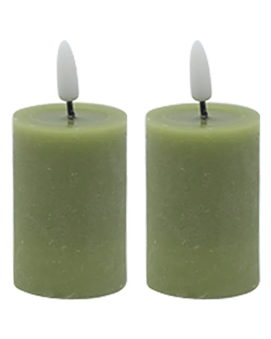 Set of 2 Flameless Pillar Candles - Green, Wax