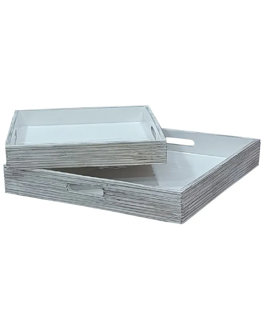 Set of 2 Square Wooden Trays - White, Mango Wood