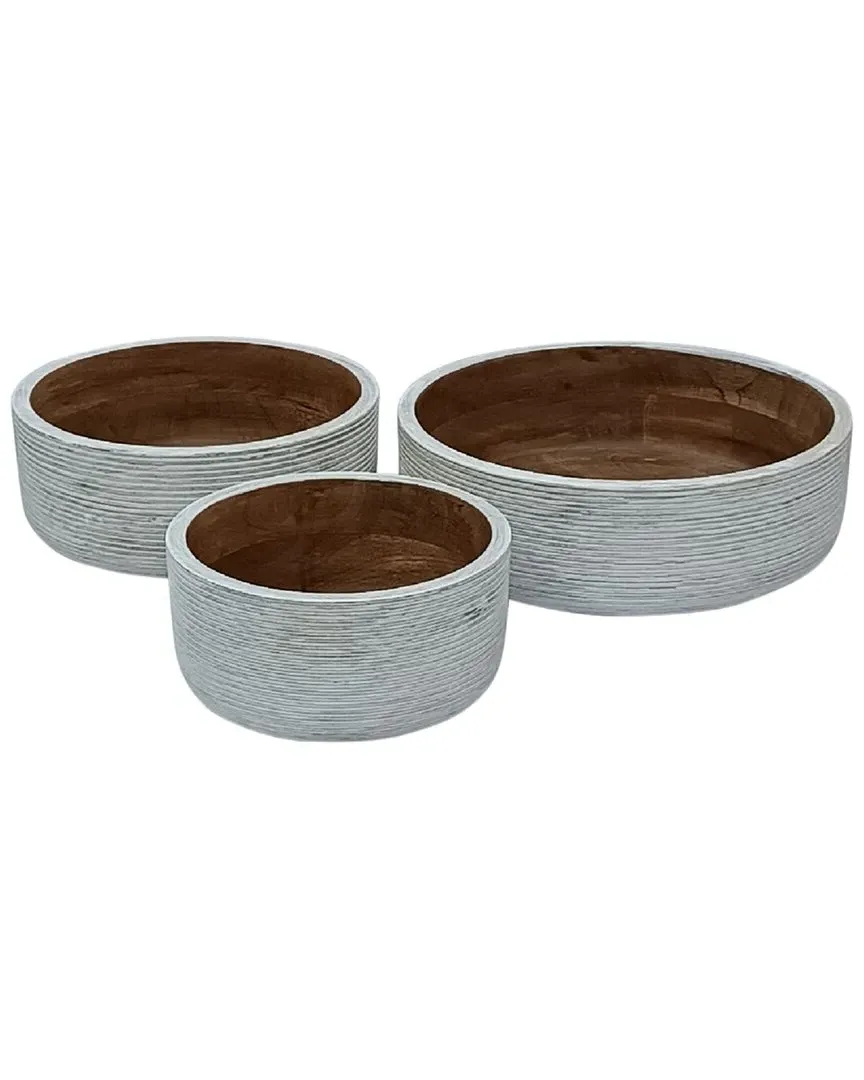 Set of 3 Round Bowls with Ribs - White, Mango Wood image