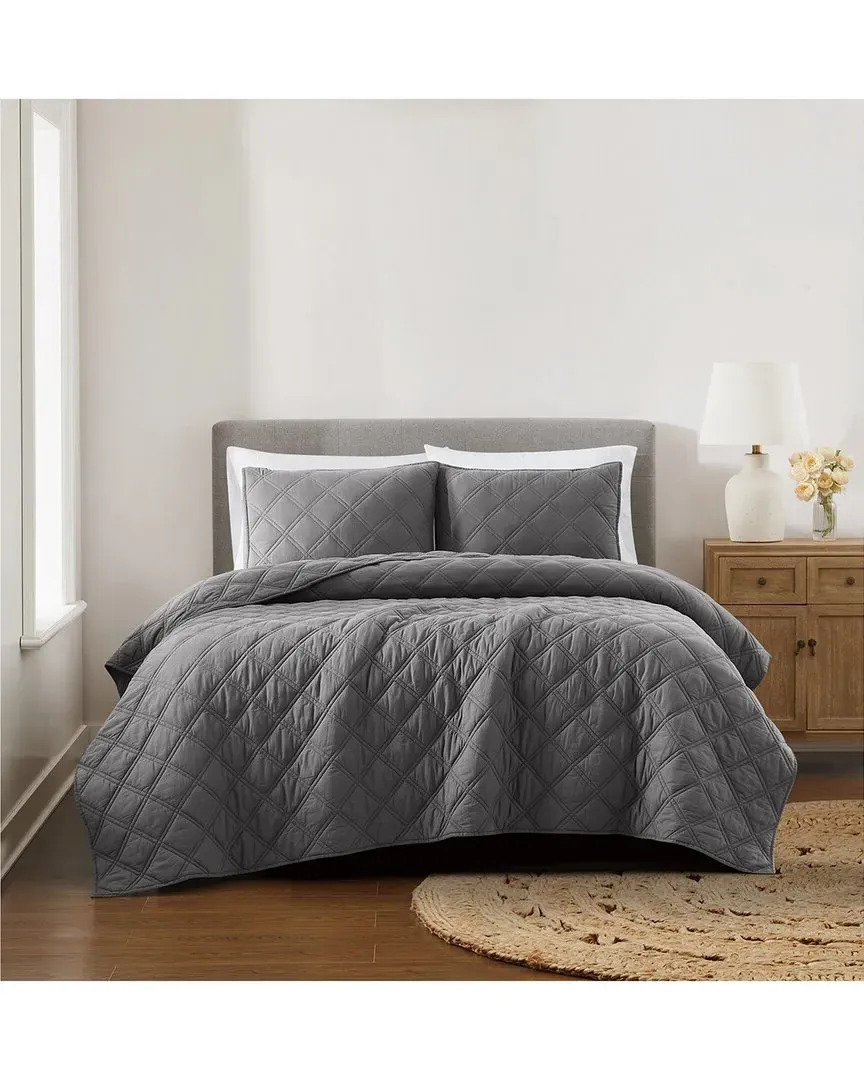 Diamond Washed Cotton Quilt Set - Grey