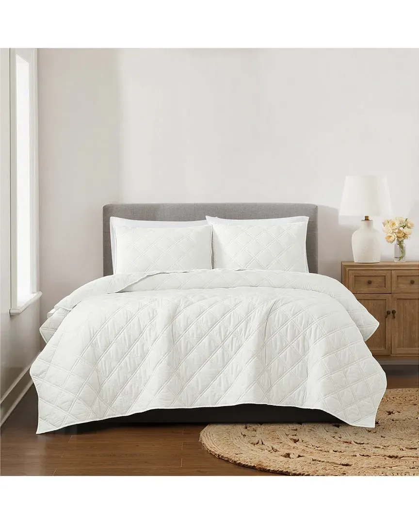 Diamond Washed Cotton Quilt Set - White