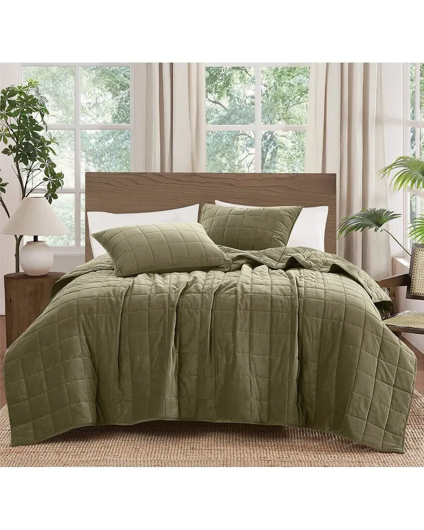 Matte Cotton Velvet Channel Stitch Quilt Set - Green image