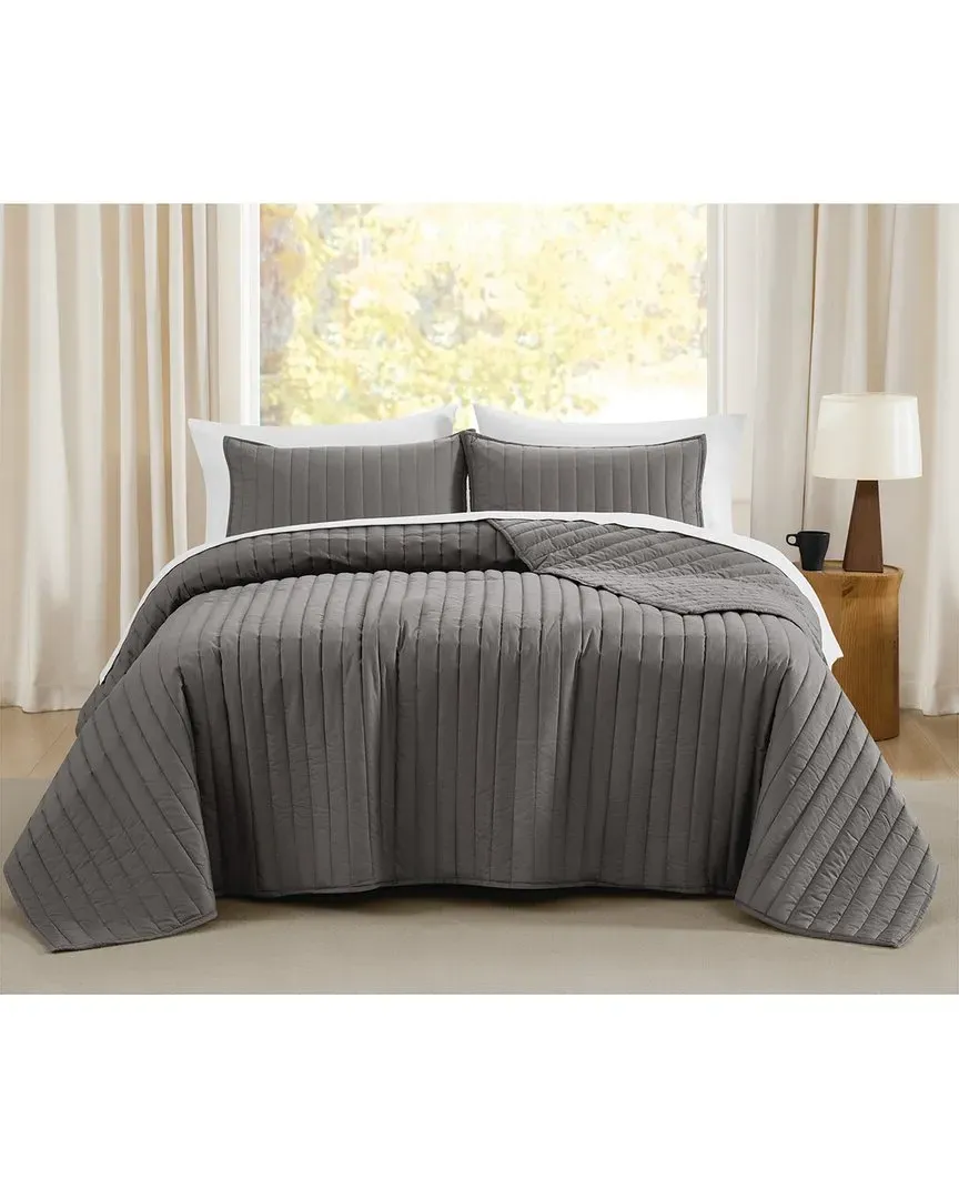 Oversized Cotton Percale 3pc Quilt Set - Grey image