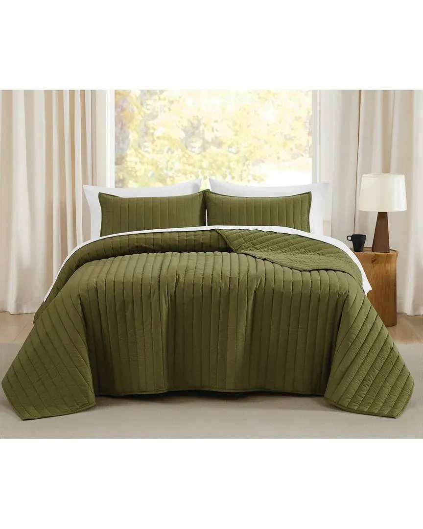 Oversized Cotton Percale 3pc Quilt Set - Olive Green