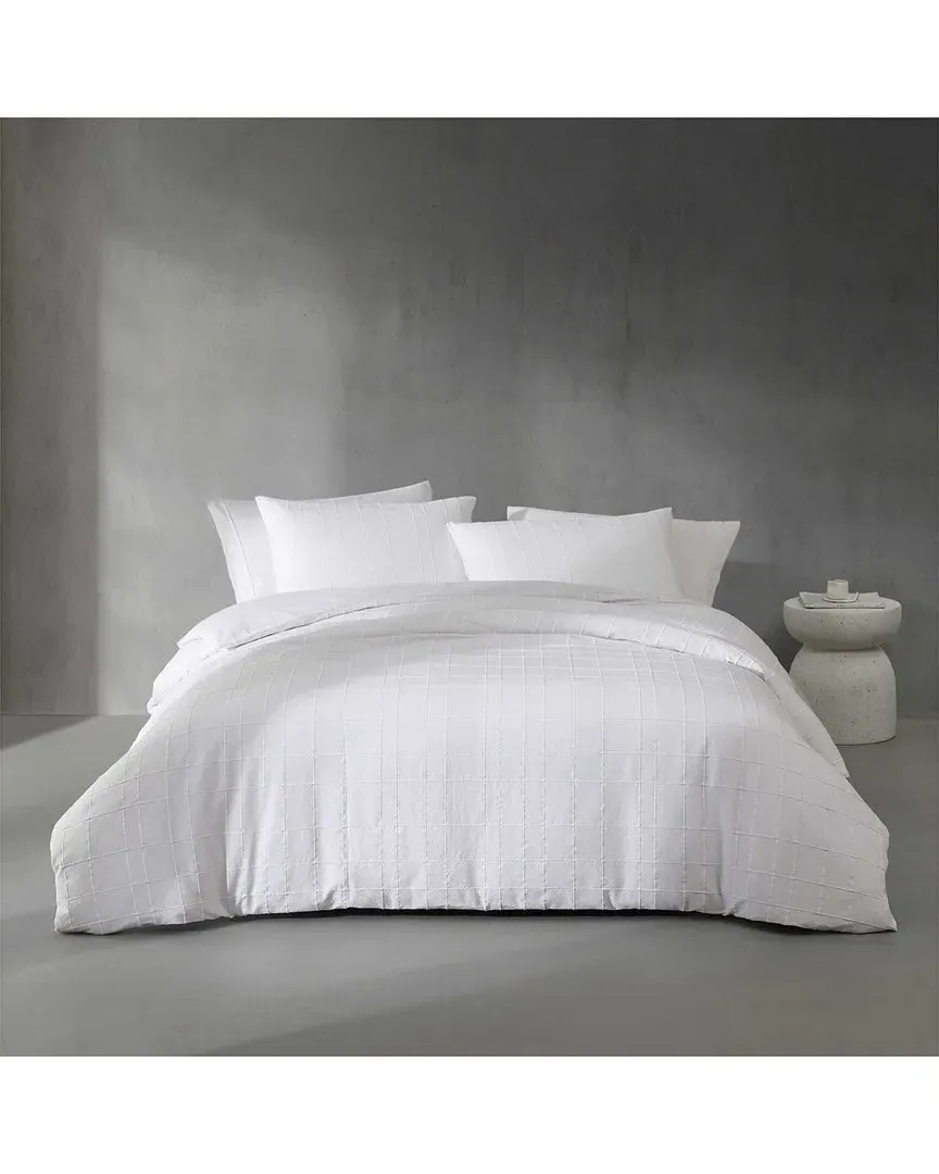 Puckered Grid Cotton Blend Duvet Set - White image