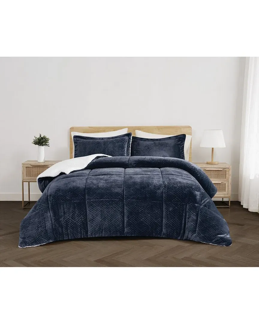 Carved Fluffy Comforter Set - Blue, Polyester