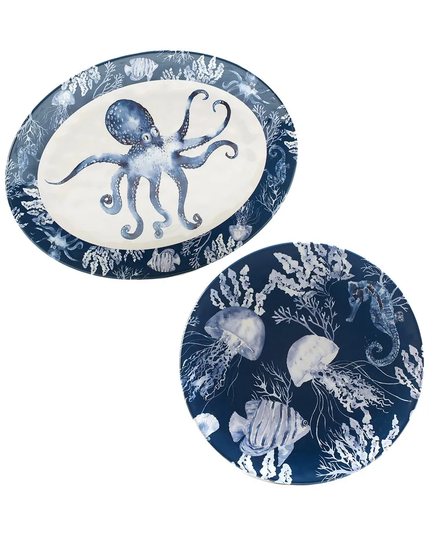 Sea Life 2-Piece Platter Set - Blue, Melamine