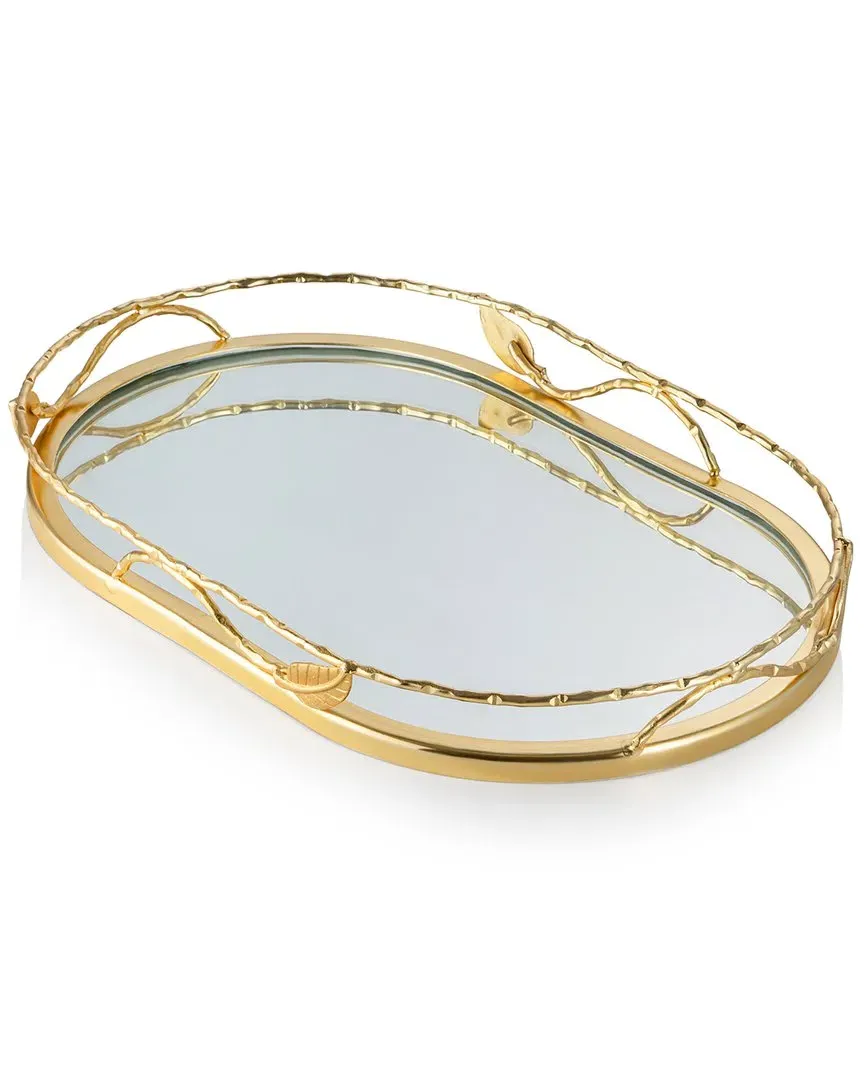 Oval Mirror Tray Leaf Design - Gold, Stainless Steel image