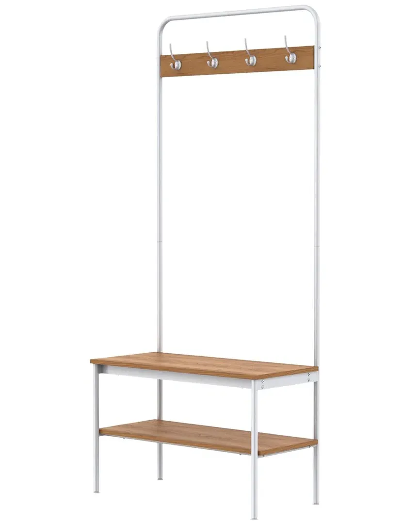 Entryway Bench with 4 Hooks & Storage Shelf - White image
