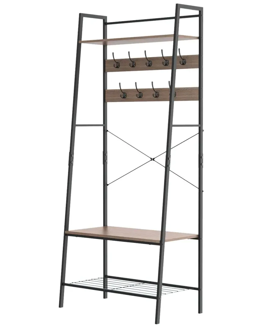 Steel Frame Entryway Bench with 9 Hooks & Storage Rack - Black