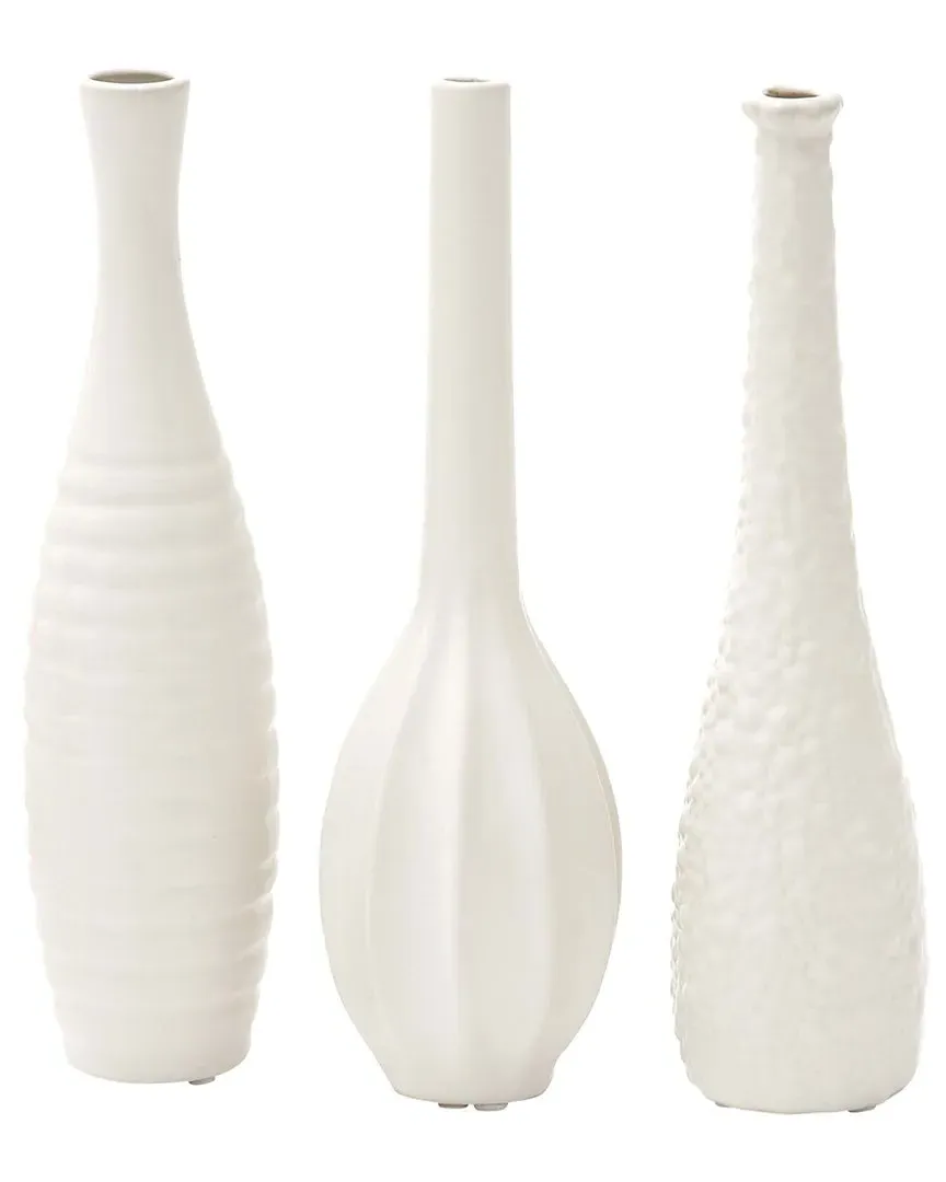 Set of 3 Bottleneck Vases with Textured Patterns - White image