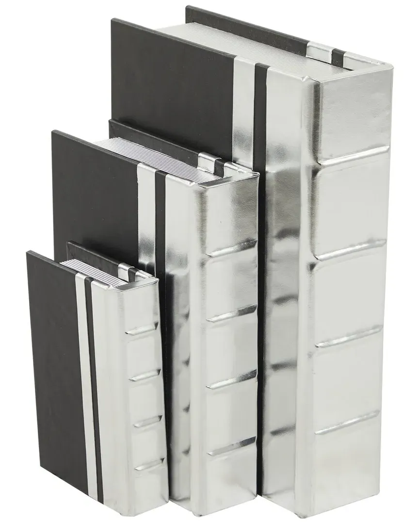 Set of 3 Storage Book Boxes with Striped Spine - Silver, Faux Leather image