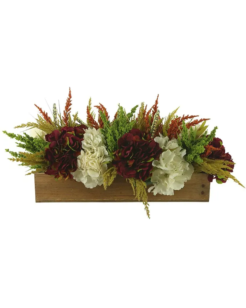 Autumn Centerpiece with Hydrangea and Pampas - Burgundy, Wood