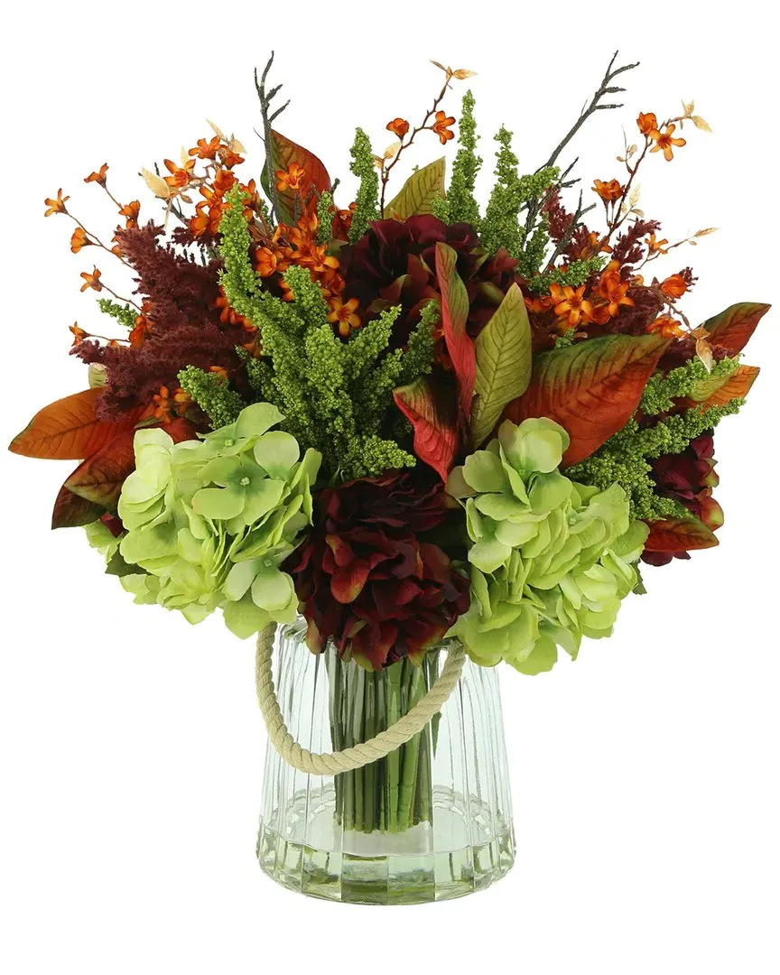 Autumn Hydrangea Faux Floral Arrangement - Green, Glass image