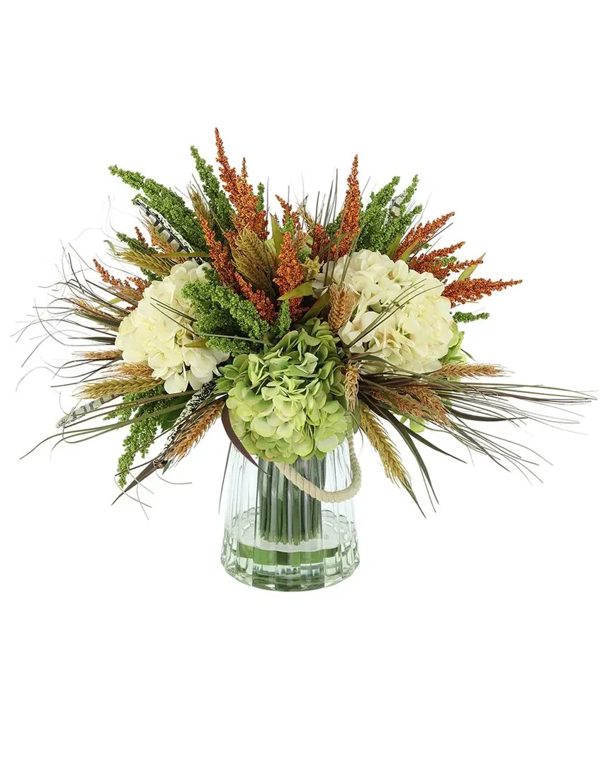 Fall Arrangement with Green Hydrangeas & Orange Heather - Clear
