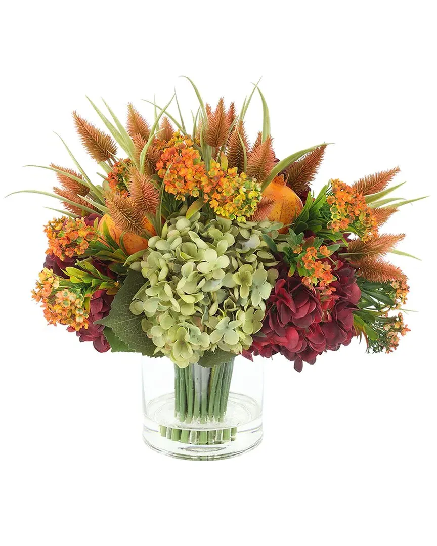 Fall Arrangement with Orange Thistle & Assorted Hydrangeas - Clear