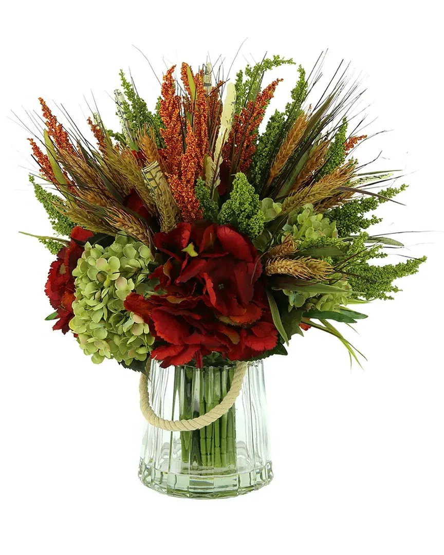 Fall Arrangement with Red Hydrangeas & Heather - Green