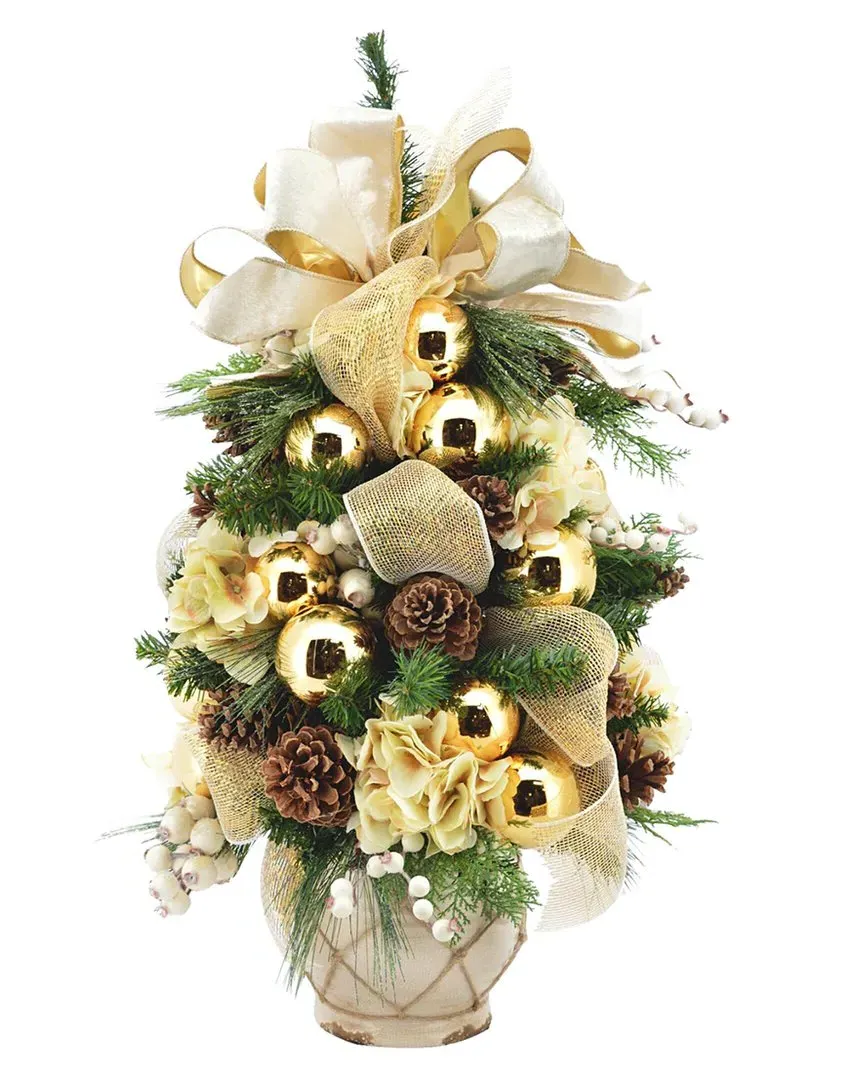 Holiday Tree with Hydrangeas - Cream, Gold image
