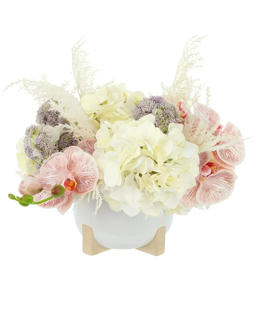 Hydrangea, Pampas & Sedum Ceramic Pot Arrangement - White