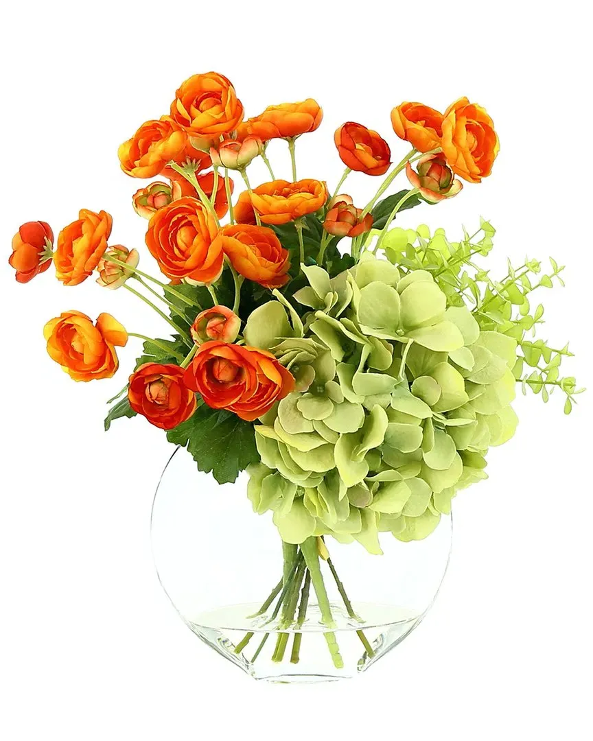 Ranunculus & Hydrangea Arrangement in Glass Vase - Orange image