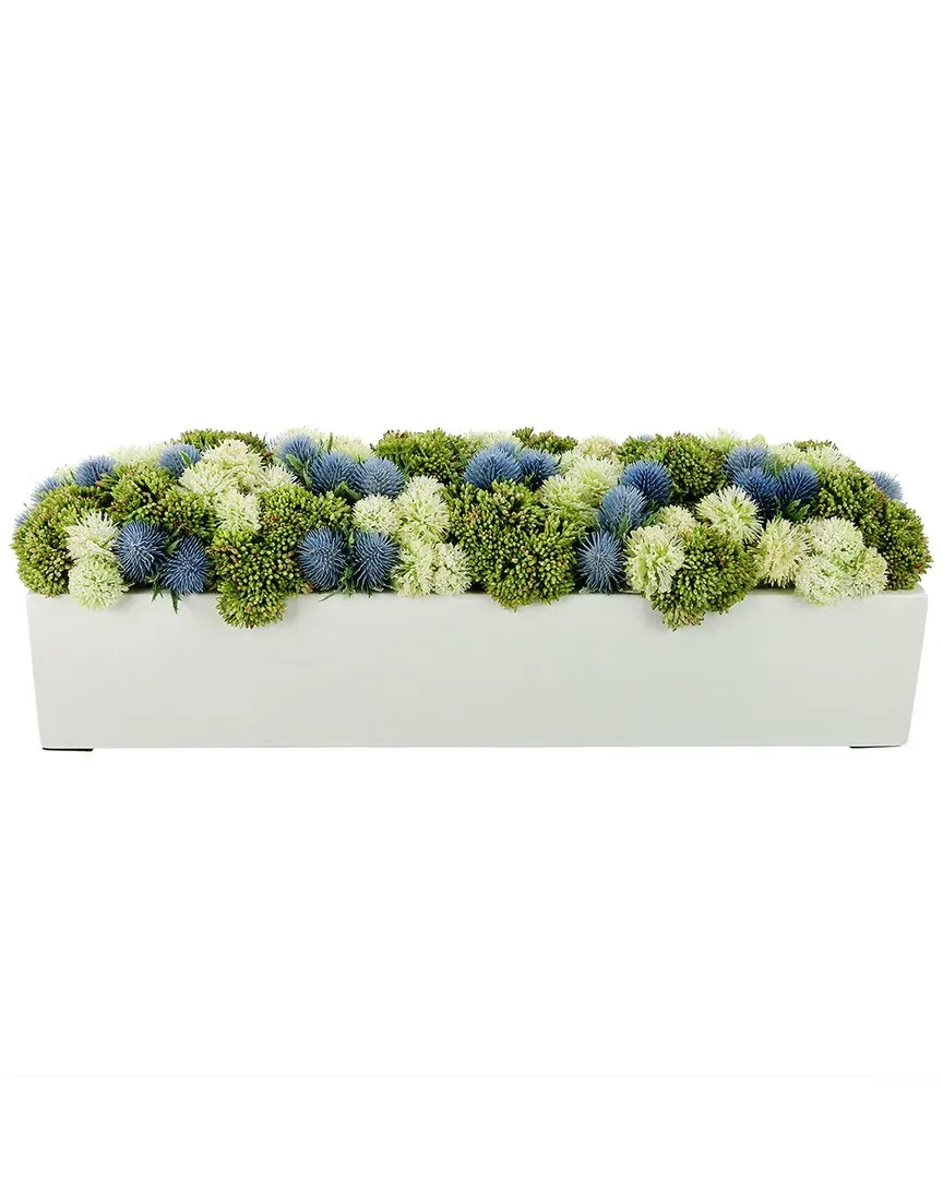 Sedum And Blue Thistle Rectangular Planter - Green, Fiberstone