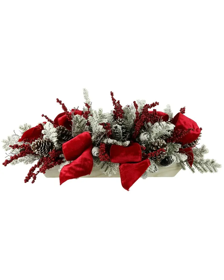 Snow Covered Evergreen Holiday Arrangement with Pinecones - Red