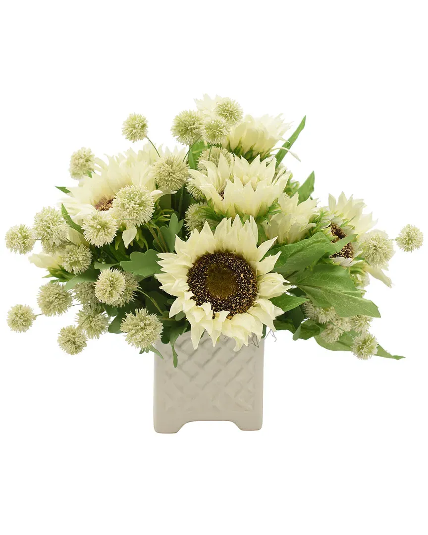 Sunflower and Pom Poms Floral Arrangement - White