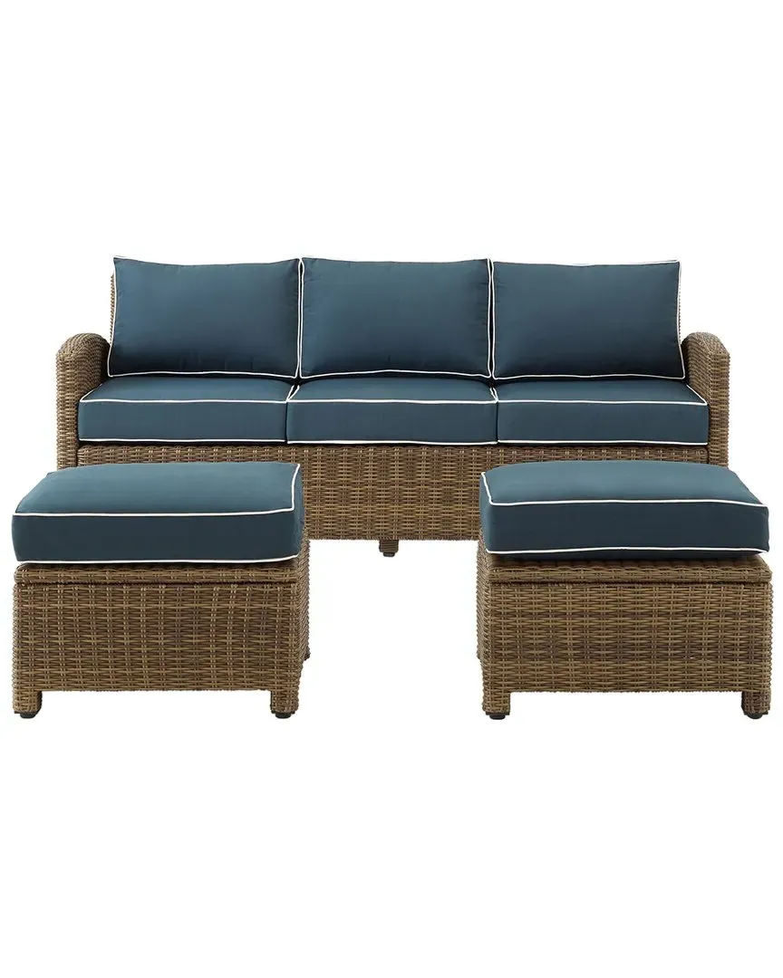 Bradenton 3-Piece Outdoor Sofa Set with Ottomans - Navy, Wicker