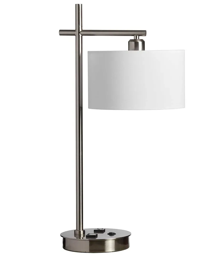 1-Light Table Lamp with USB - Satin Chrome, White Fabric image
