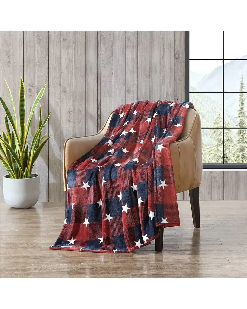 America Plaid Reversible Throw Blanket - Navy Red Ivory, Fleece image