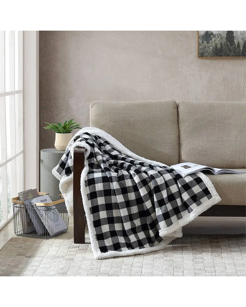 Cabin Plaid Flannel Sherpa Throw - Black and White, Cotton