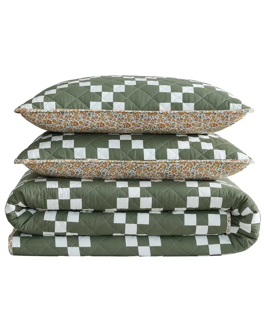 Diamond Floral Reversible Quilt Set - Green, Cotton image