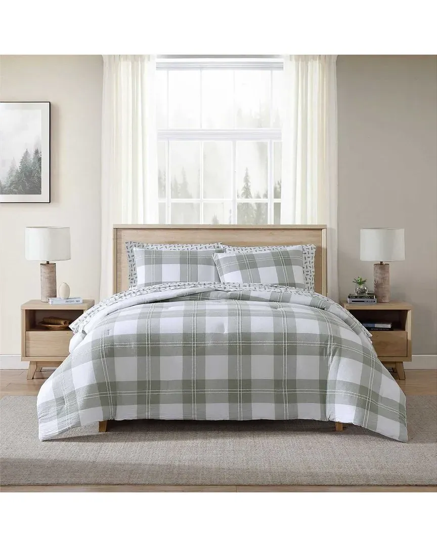 Mountain Embroidery Plaid Comforter Set - Green, Cotton image