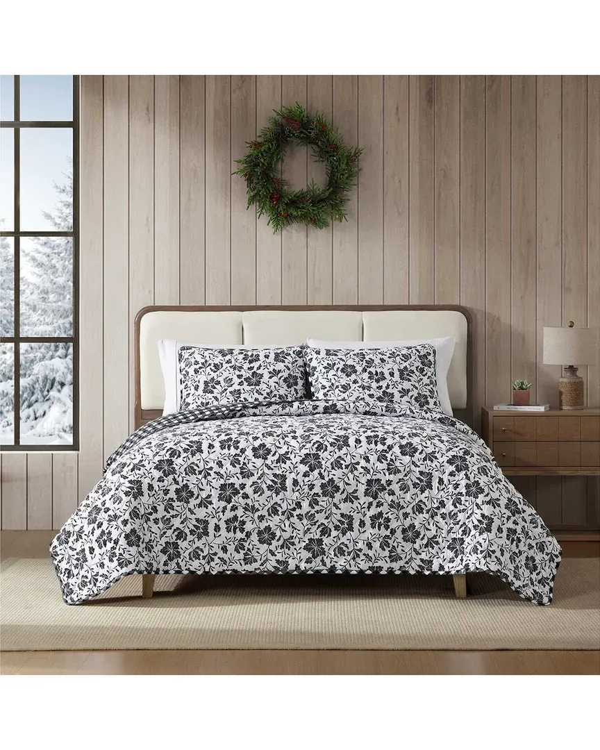 Woodblock Floral Cotton Flannel Reversible Quilt Set - White
