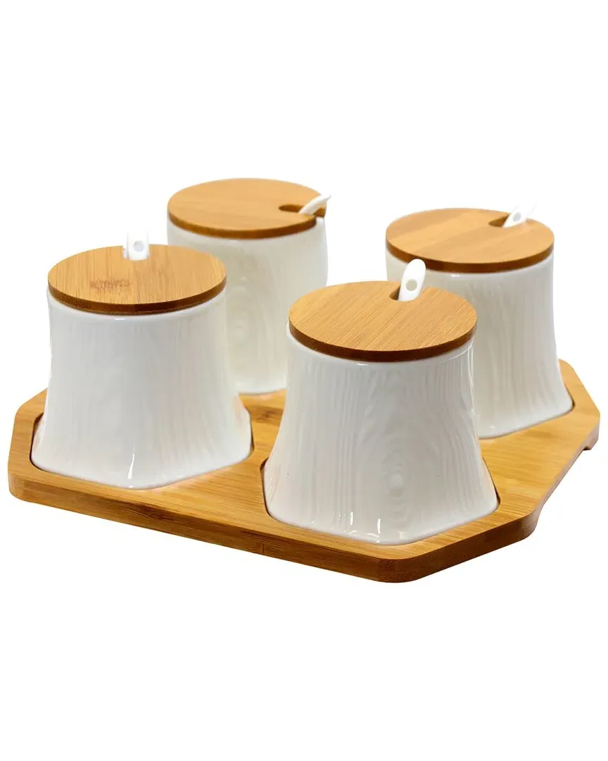 Ceramic Spice Jars with Serving Spoons - White image