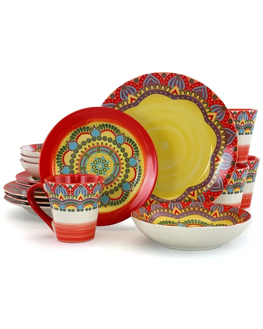 Zen Mozaik 16-Piece Round Dinnerware Set - Red, Stoneware