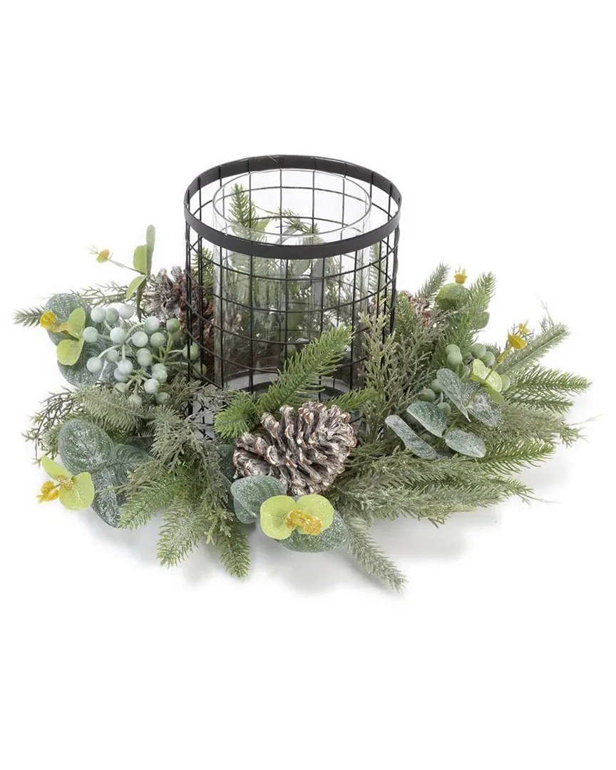 17in Holiday Centerpiece with Metal Glass Candle Holder - Green