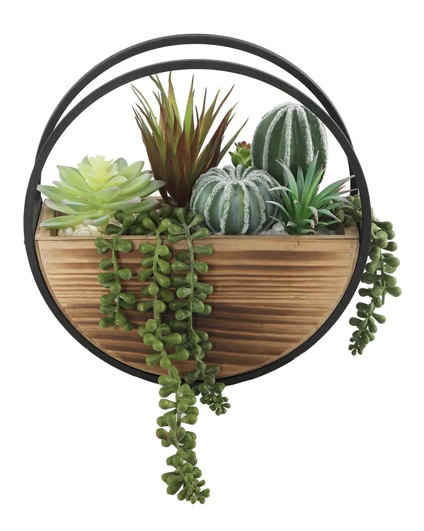 11in Round Wood & Metal Wall Succulent Mix - Brown image