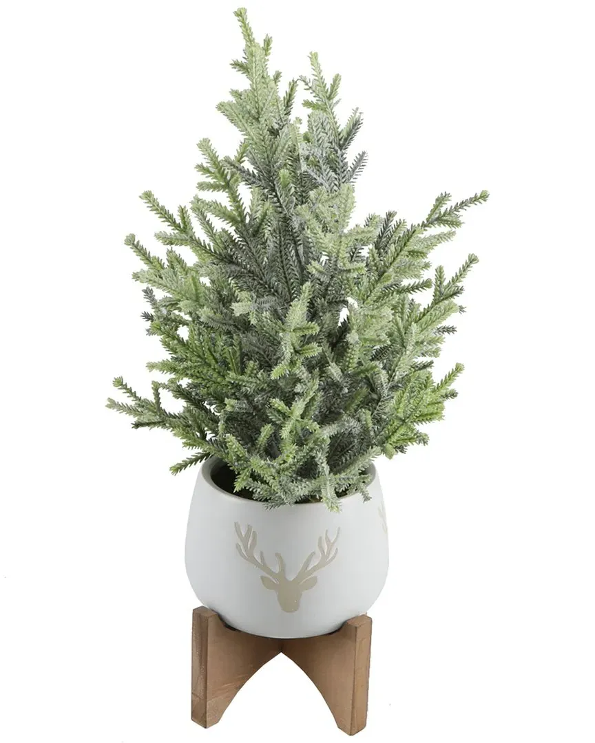 15.75In Frosted Christmas Tree on Wood Stand - White, Ceramic