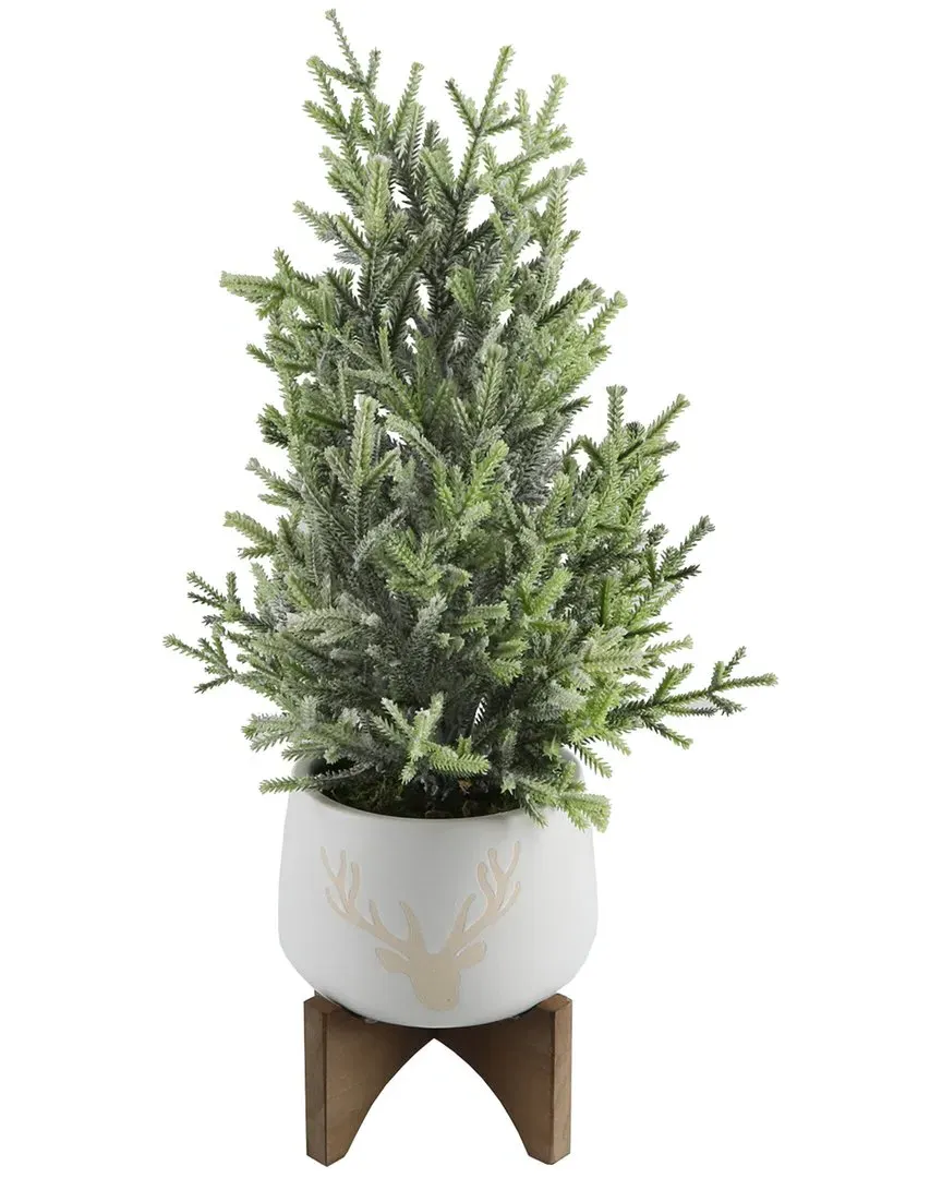 20In Frosted Christmas Tree in Staghead Ceramic on Wood Stand - White image