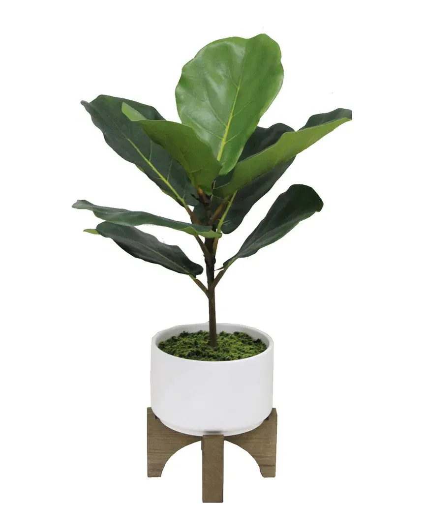 23in Ceramic Planter on Wood Stand - White