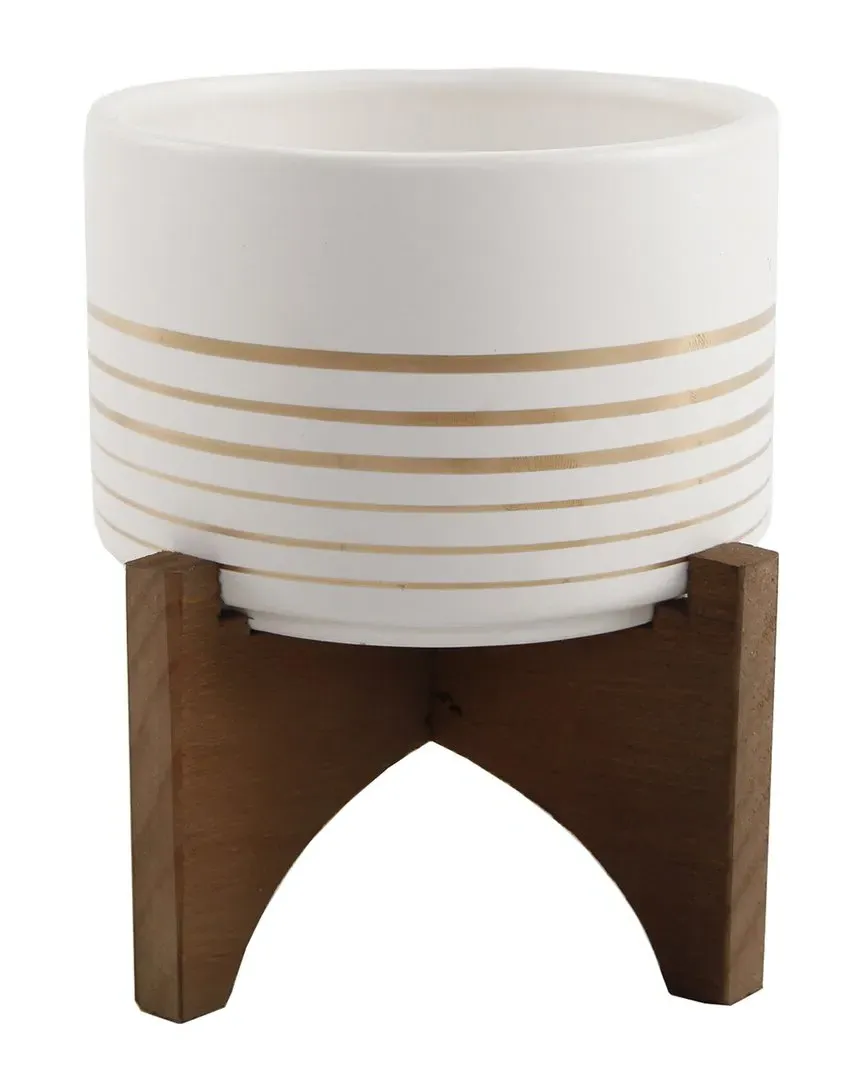 4.75in Ceramic Planter on Wood Stand - White