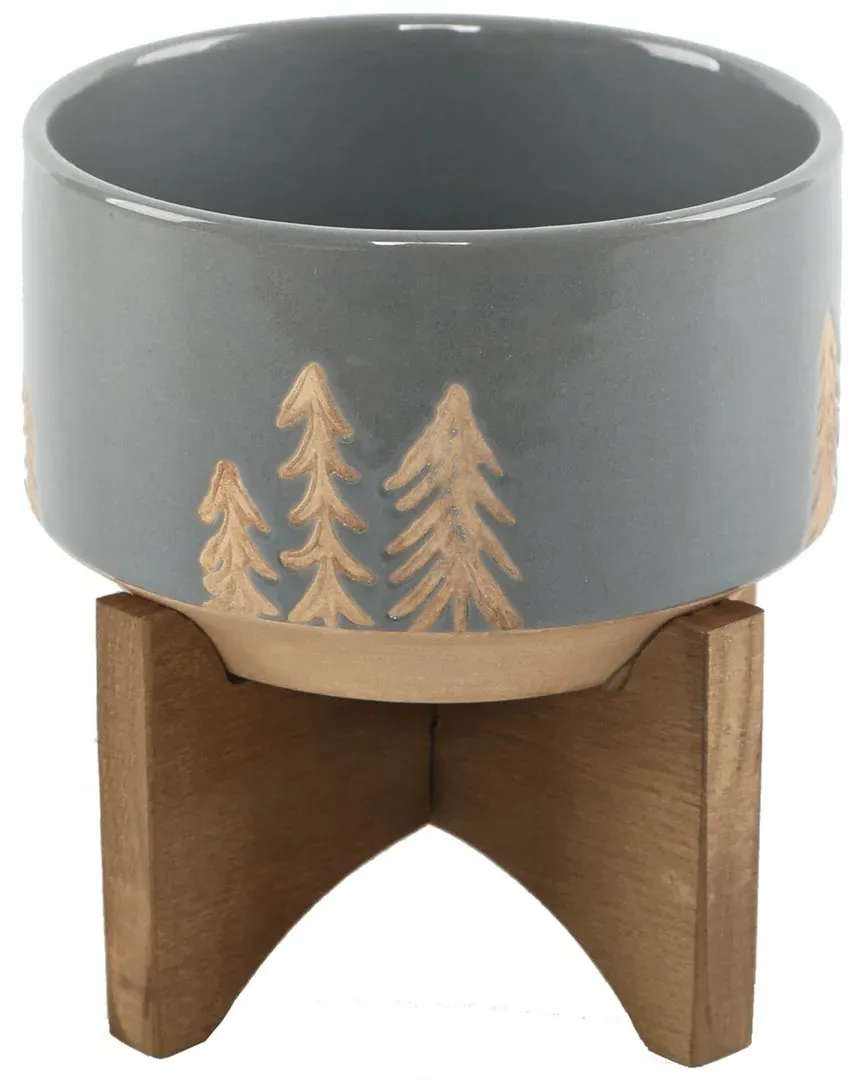 4In Xmas Ceramic Planter on Wood Stand - Gray image