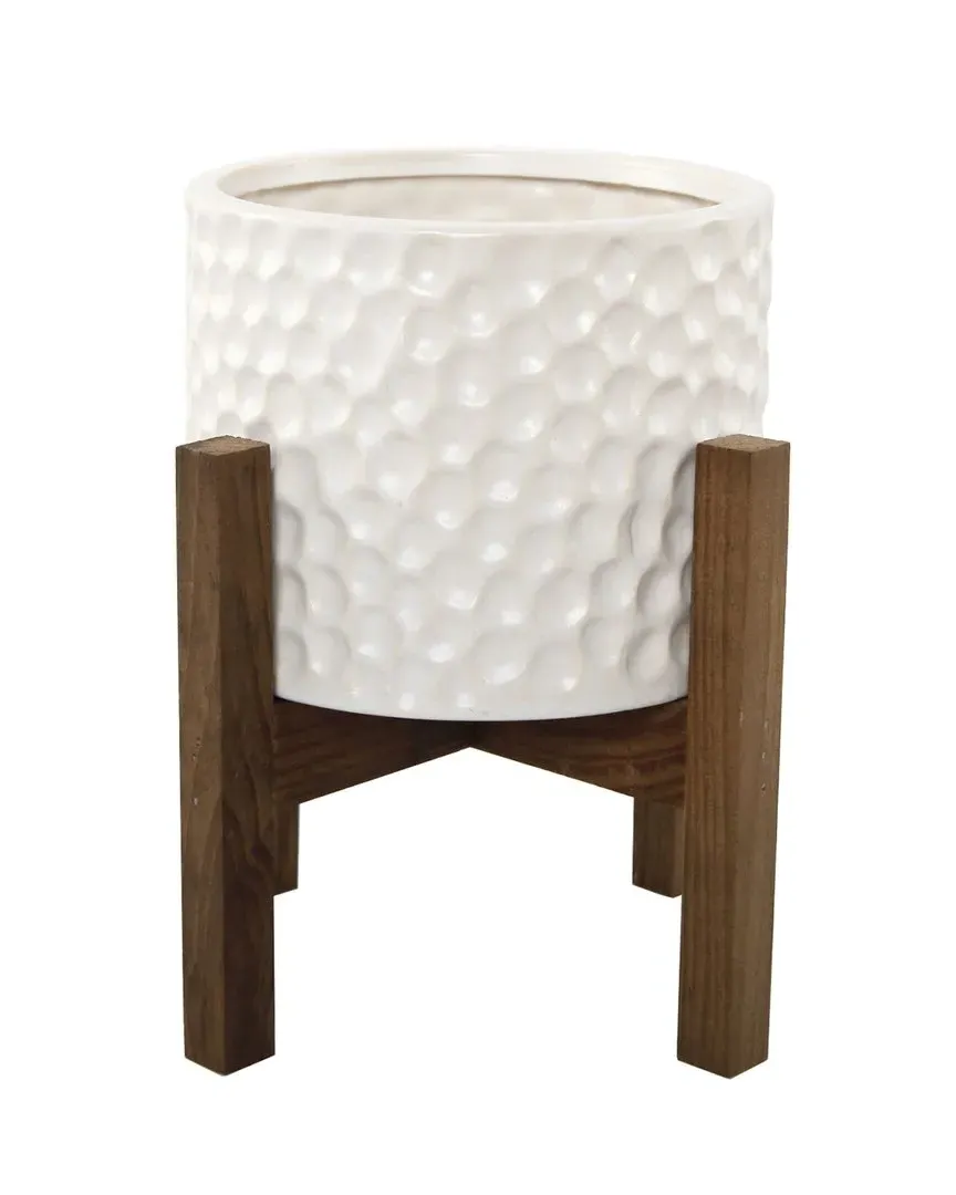 5.5in Beehive Ceramic Planter on Wood Stand - White
