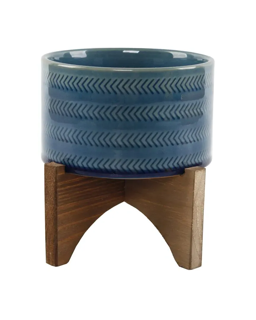 5in Arrow Ceramic Planter on Wood Stand - Clear