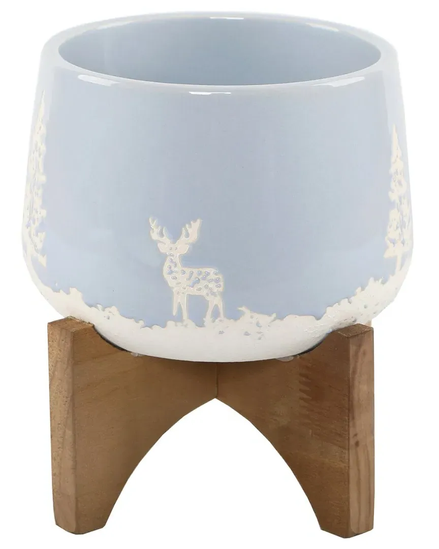 6 Inch Ceramic Planter on Wood Stand - Light Blue image